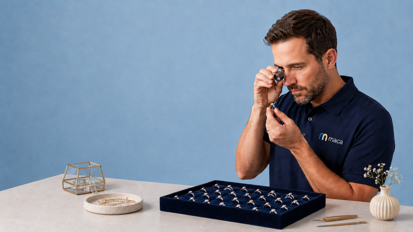 A maca jeweler examining a diamond with a loupe beside a tray of certified stones